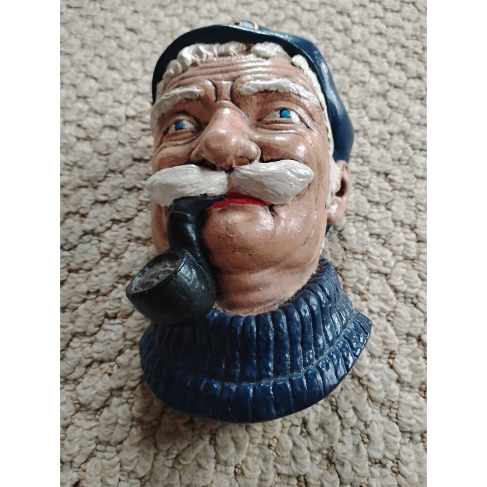 Vintage Chalkware Sea Man Blue Hat Mustache Pipe 6.5"
